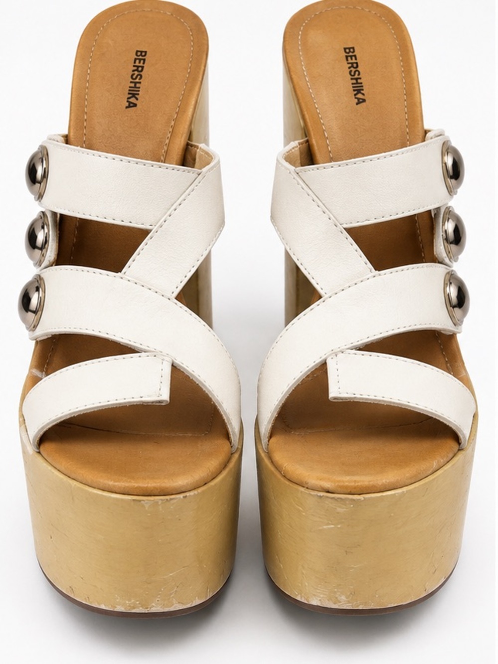 Bershka White Leather Cross-Strap Platform Mules with Metallic Studs